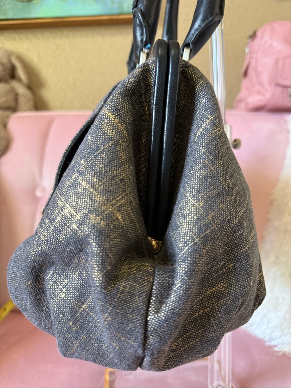 Halston Heritage Brushed Denim/Gold Doctors Bag w Leather Trim & Gold Hardware - Picture 3 of 16